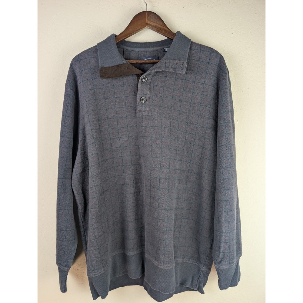 Roundtree & Yorke Mens XL Gray Plaid Long Sleeve Polo Shirt 100% Cotton